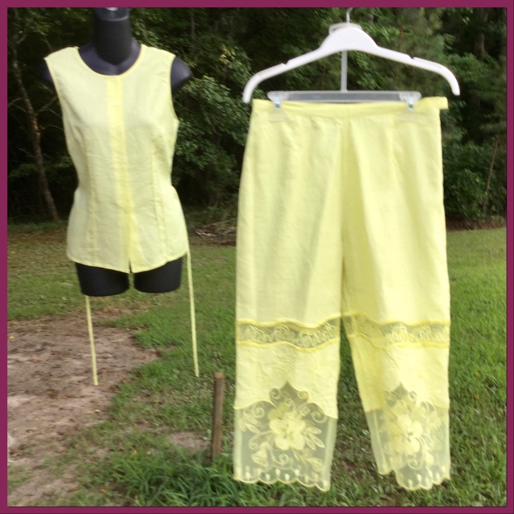 Vintage Linen Two-Piece Lemon Yellow Women's Pantsuit Set